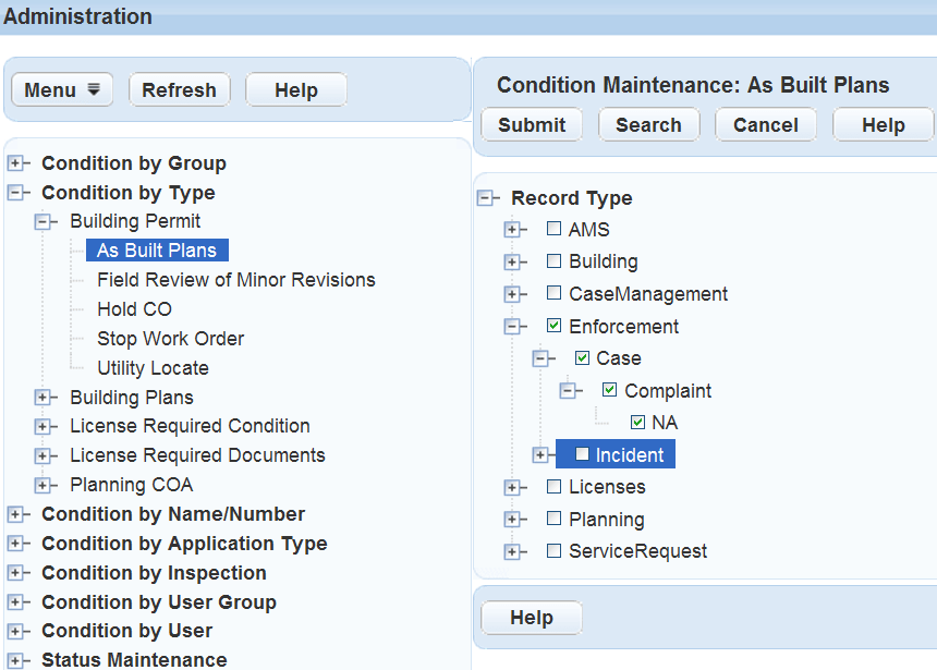 condition maintenance select record types tree view