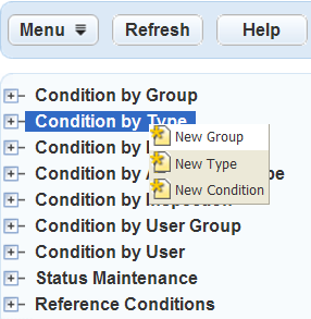 right-click menu to create new group type or condition for conditions in the navigation tree